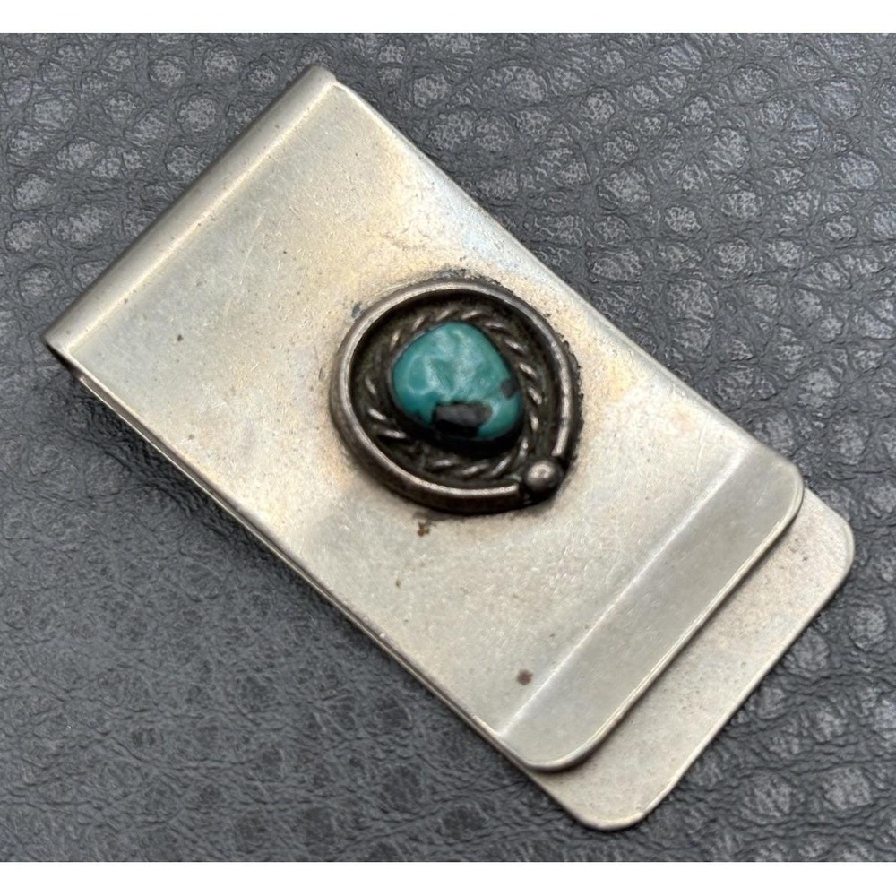 Vintage Silver Tone Turquoise Money Clip Southwest Style